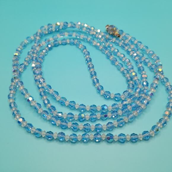 Vintage Baby Ice Blue Aurora Borealis Crystal Beaded Single Strand Necklace, 62" - Picture 7 of 10
